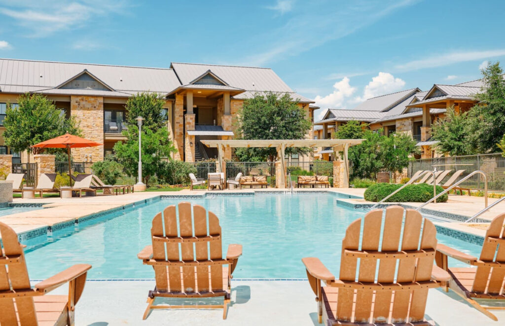 Sandstone Ridge pool area amenity with deck chairs at The Vineyard Midland