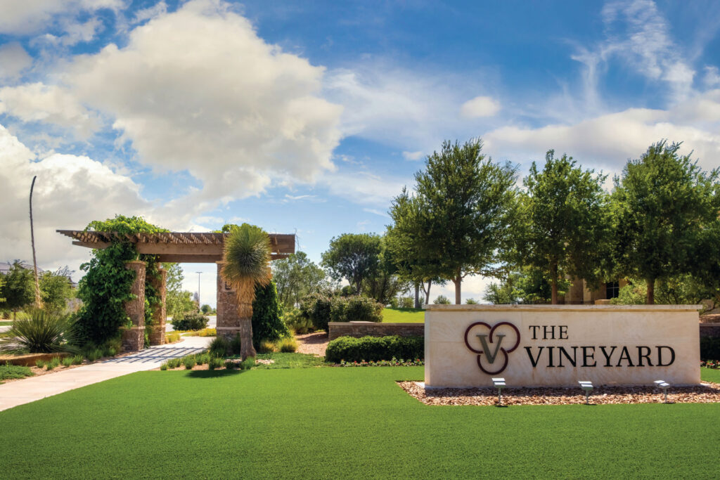 Vineyard Entry sign with decorative pergola