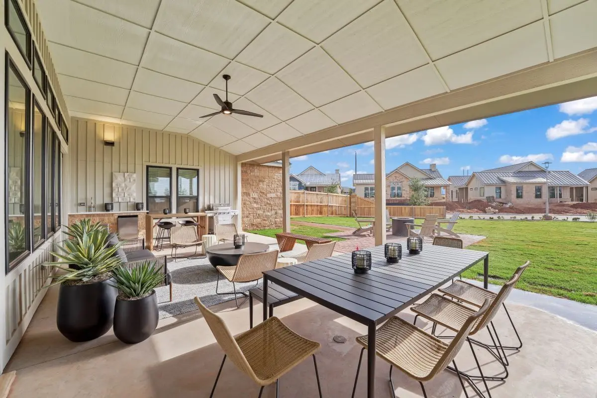 View of outdoor covered patio at The Vineyard Preserve. 