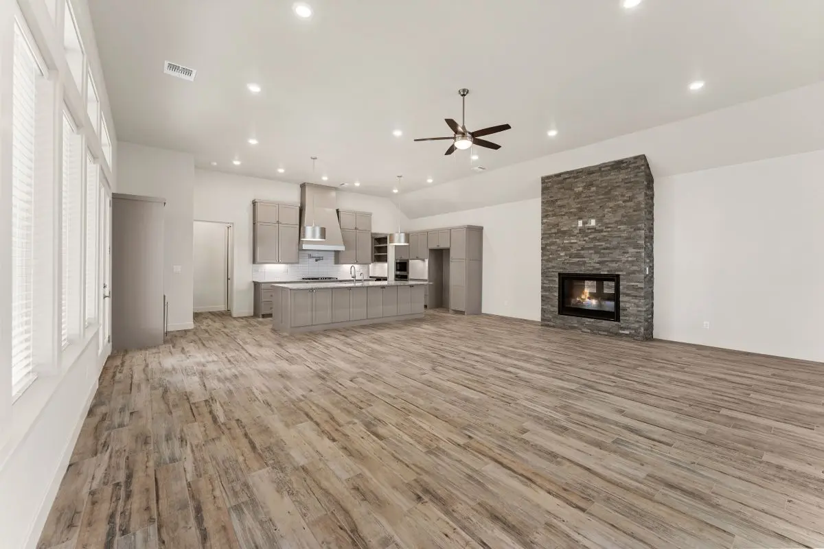 Interior living room and kitchen view of floor plan C.