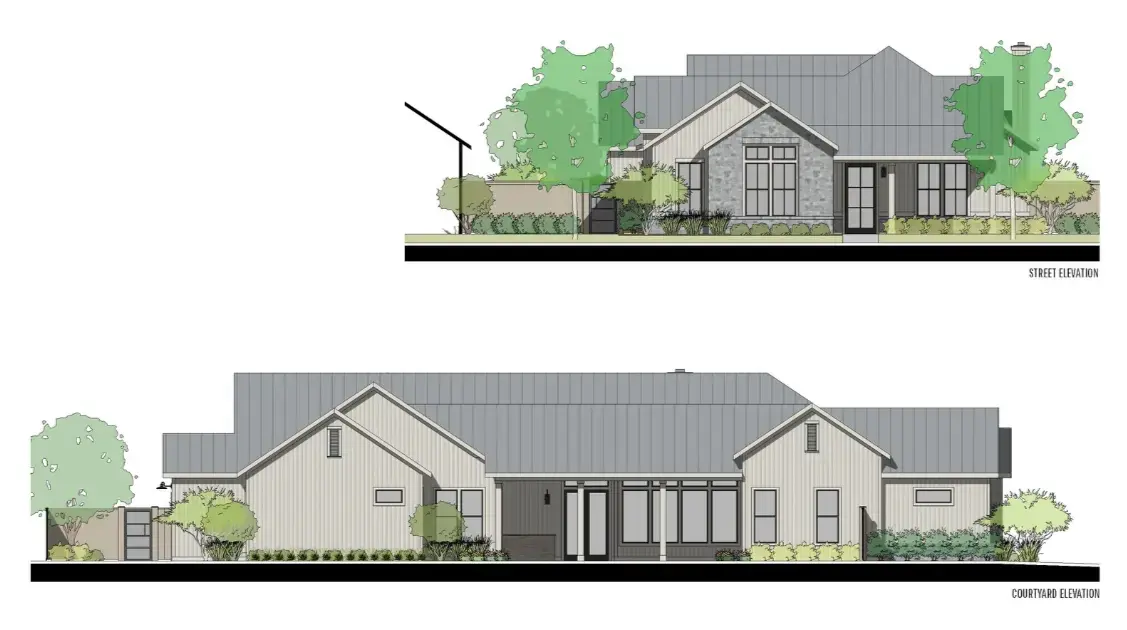 Street and courtyard elevation renderings for Plan D by The Vineyard Preserve. 